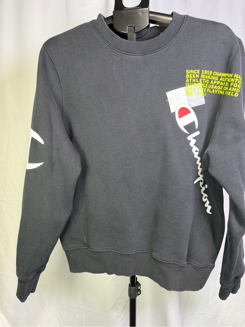 Champion Dark Gray Crewneck Sweatshirt with White & Red Logo